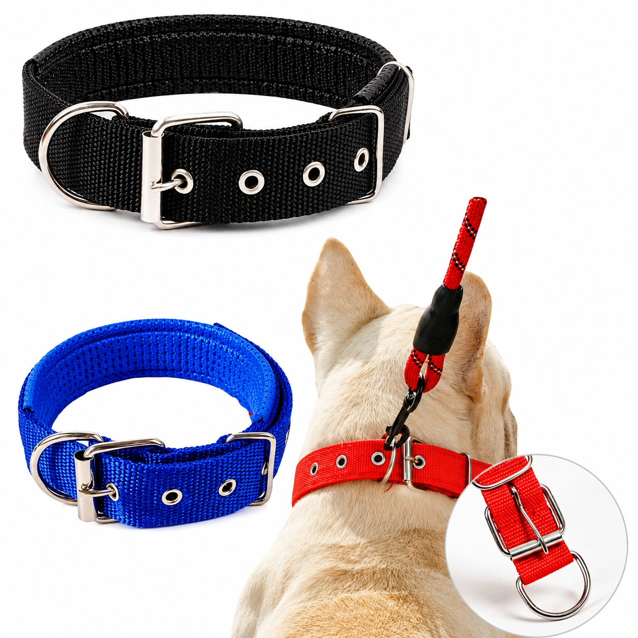 Coleira de Nylon Dupla Camada com Fivela de Metal Para Cachorro Grande e Médio Porte