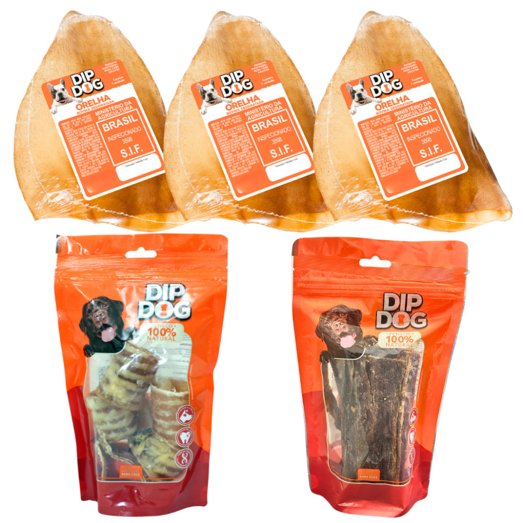 Kit Traqueia + Esôfago + 3 Orelhas - mordedor petisco natural para cães