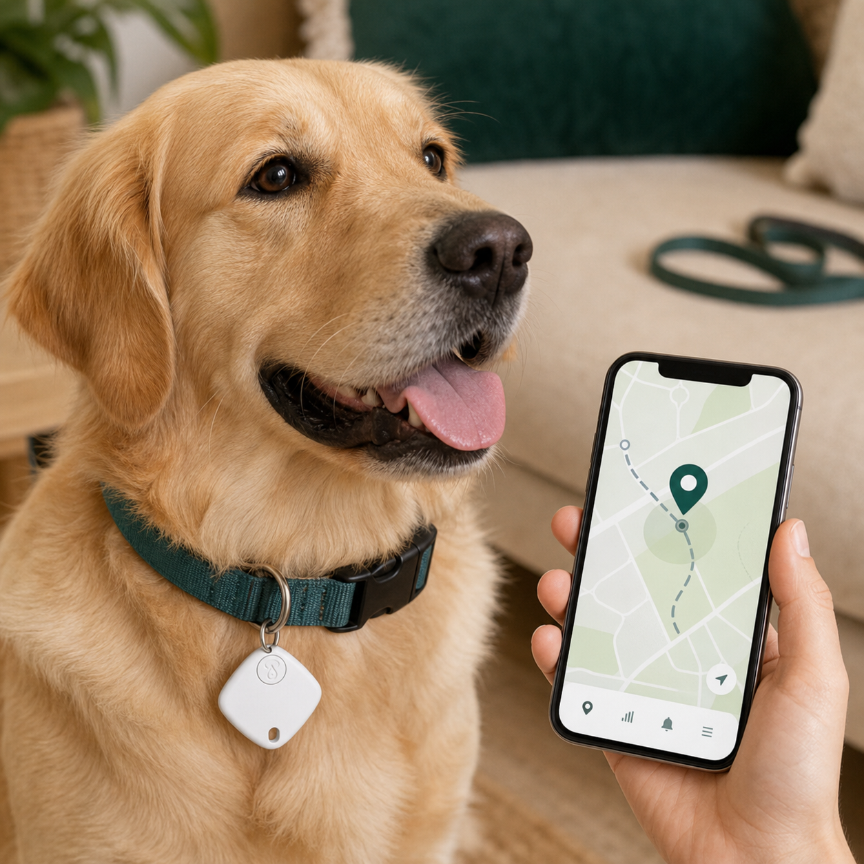 Rastreador Inteligente Pet House Smart Tag na coleira com celular mostrando mapa
