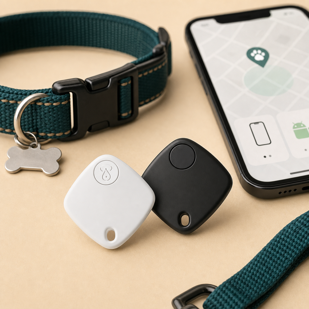 Rastreador Inteligente Pet House Smart Tag nas cores branco e preto com coleira e celular